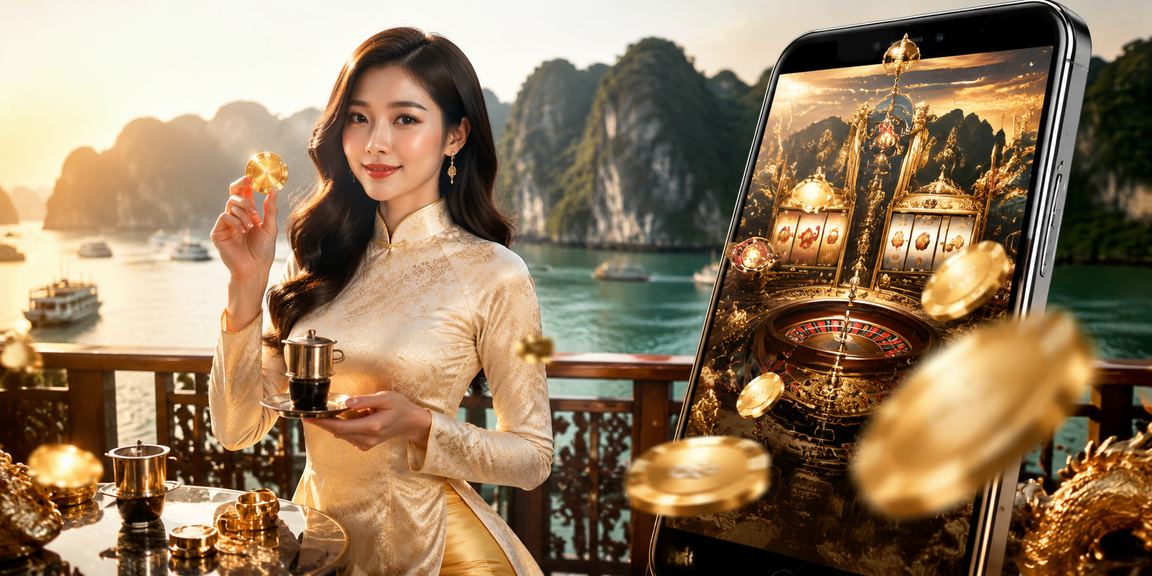 Du khách mặc áo dài chơi mobile casino tại vịnh Hạ Long trên điện thoại thông minh